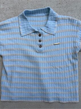 Vintage Givenchy Ribbed Knit Striped Polo Gold Logo Blue Cream XS/S